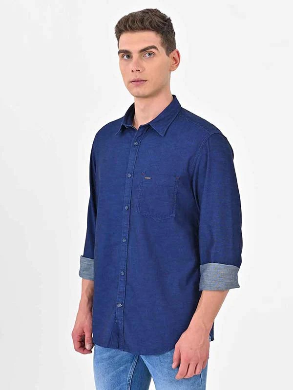 Indian Terrain Men's Regular Fit Full Sleeve Solid Dark Blue Shirt